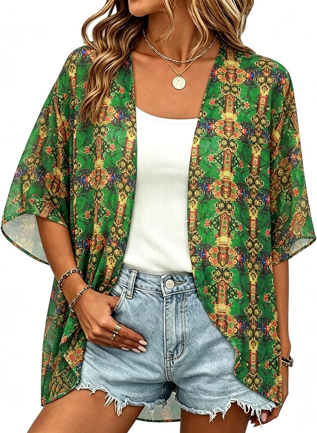 Women Kimono Cardigans Summer Cover Up Hawaiian Shirts Floral Print Tops | ROSEMIA chiffon kimono open front cardigans, beach cover ups, daily casual tops, cruise outfits, summer resort wear