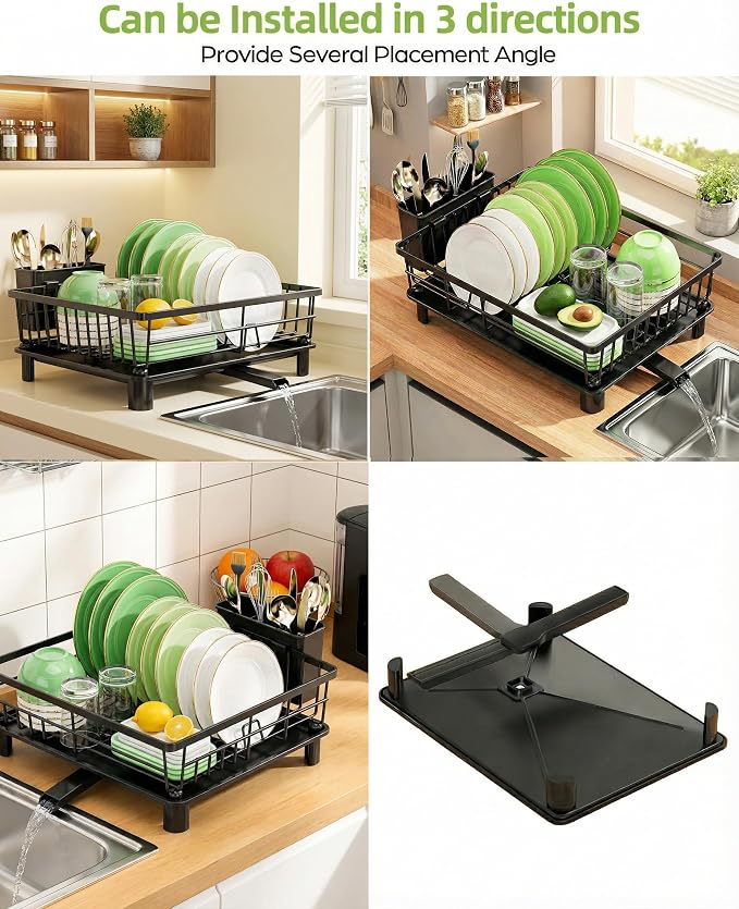 Dish Drying Rack for Kitchen Counter,Stainless Steel Drainers Rack with Detachable Cutlery Holder,Automatic Drainage System,Anti-Rust Dish Strainer Ideal for Families and Home