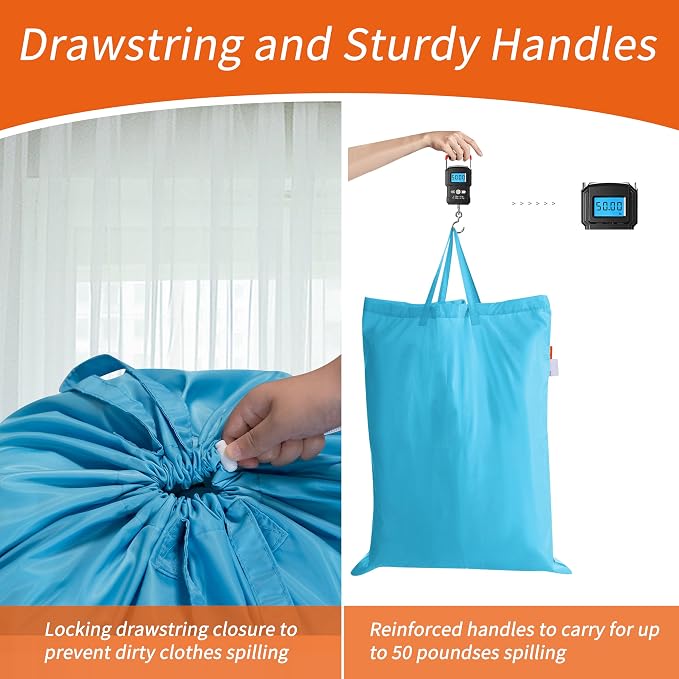 Extra Heavy-Duty Laundry Bag with Handles, Gulf Blue, 28x36" | Extra Large, Name ID Tag, Machine Washable, Reinforced Handles, Drawstring Closure, For College Dorm Travel