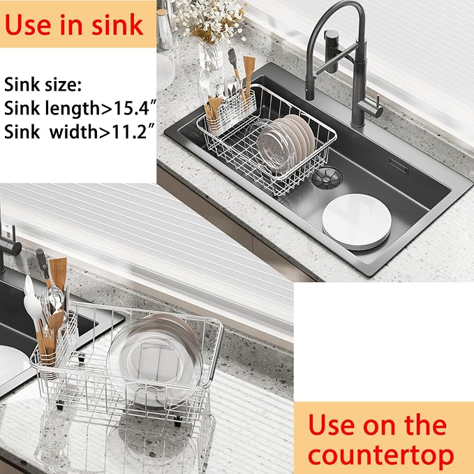 NiuYichee Stainless Steel Dish Drying Rack(15"L X 11"W X 4.1"H), Expandable Fruit & Vegetable Drain Rack over Sink, Dish Drainer Rack in Sink, with Stainless Steel Utensil Holder & Silicone Mat(16")