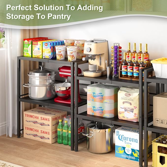 Expandable-Metal-Storage-Shelves-Organizer For Pantry Kitchen Garage, 2-Tier Heavy Duty Shelving Units and Storage For Small Appliance, Adjustable Standing Shelf Riser Rack For Closet Warehouse