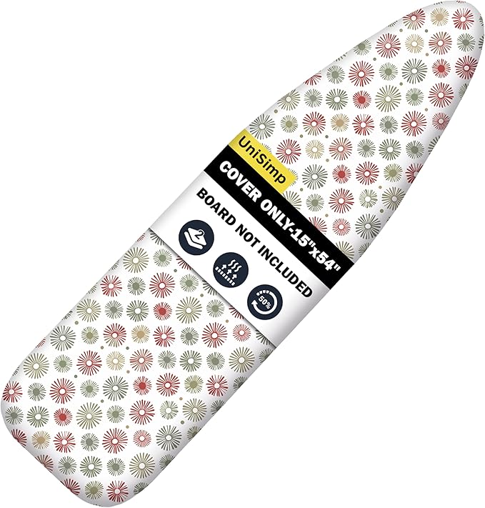 UniSimp Ironing Board Cover and Pad 15"x54" Extra Thick Natural Cotton, Scorch and Stain Resistant Padding, Standard Size Iron Board Cover with Fasteners Heavy Duty Elastic Edge, Heatproof Sunflora