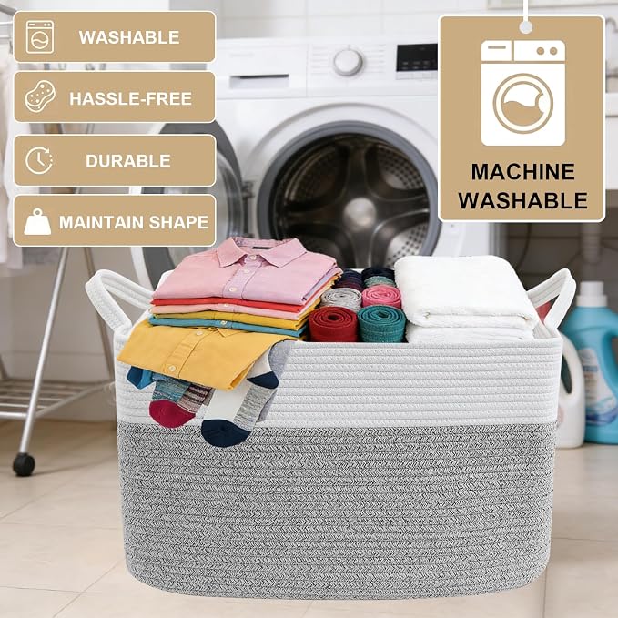 96L Laundry Basket with Handles, Extra Blanket Basket, White/Grey | 24"×16"×15" Collapsible Cotton Rope Storage Basket for Toys Clothes & Pillows, Nursery, Bathroom, Bedroom, Living Room