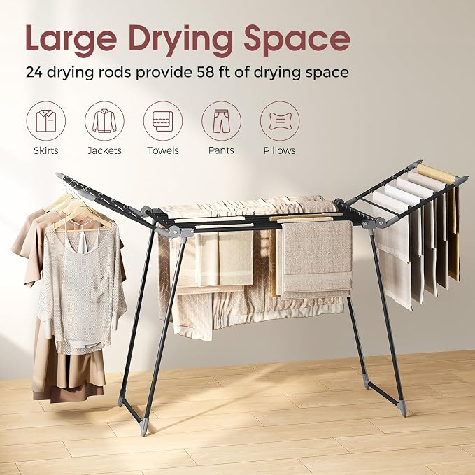 APEXCHASER Clothes Drying Rack, Large Capacity Drying Rack, 69" L, Black | No Assembly, 69" X 22.4" X 40", 37lbs Hold, Foldable Drying Rack Clothing, Sturdy Metal Frame, Laundry, Indoor & Outdoor Use