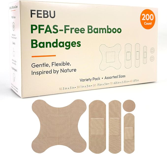 FEBU PFAS Free Bamboo Fabric Bandages, 200 Count Bulk Variety | Eco-Friendly, For Scrapes & Cuts, Flexible Fabric, Fully Compostable, Latex Free