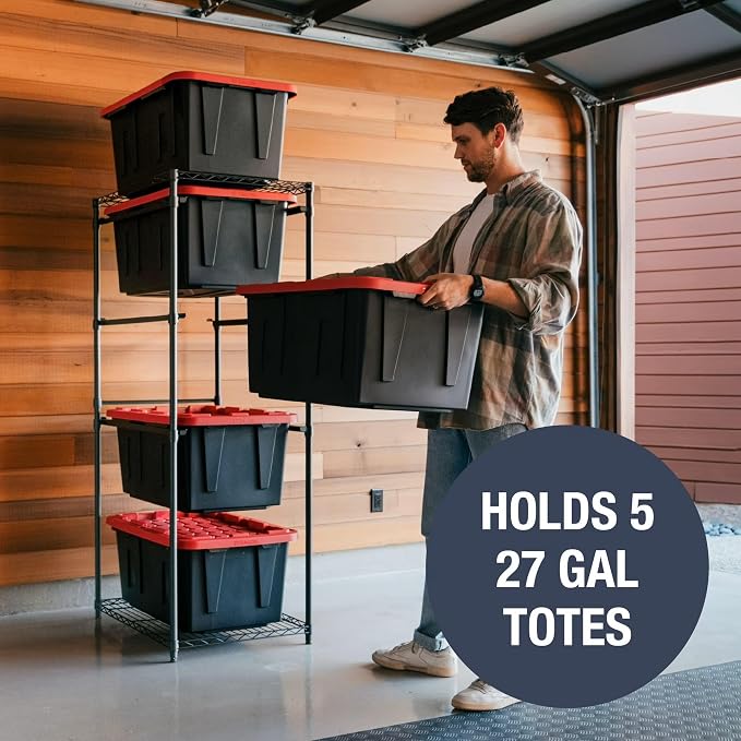 CleverMade Tote Tower, 5-Tier Rack for 27-Gallon Totes, Black | Individual rails let 5 totes slide out without unstacking. Powder-coated steel supports 50 lb per shelf and 250 lb total.