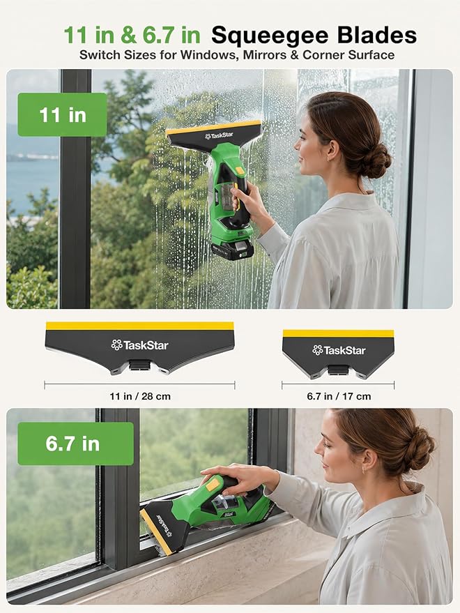TaskStar Window Vacuum Squeegee Cordless: Electric Window Cleaner Tool with 2000Pa Suction, 2000mAh Detachable Battery, 150ml Water Tank, 11in & 6.7in Blades for Glass, Shower Doors, Mirrors, Tiles