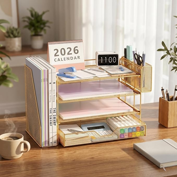 OPNICE Desk Organizer, 4-Tier Desktop File Organizer with Drawer and Pen Holders, Office Desk Accessories, File Sorters, Workspace Organizers for Office Supplies(Gold - Metal Pen Holder)