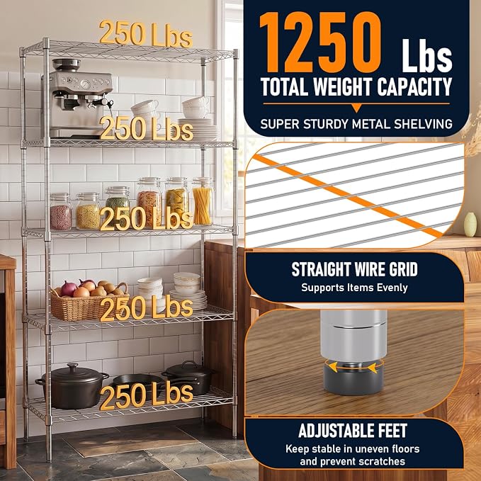 FDW 14" D×36" W×72" H Wire Shelving Unit Metal Shelf with 5 Tier Adjustable Layer Rack Commercial Strong Steel for Restaurant Garage Pantry Kitchen，Chrome