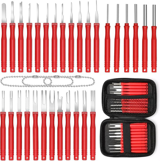 30+4P Terminal Pin Removal Tool Kit, Electrical Connector Depinning Tool Terminal Pin Extractor Kit Wire Release Tool for Car Household Devices (Red)