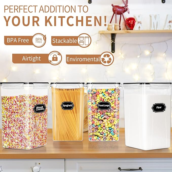 4pcs Large Tall Airtight Food Storage Containers with Lids - 6.5L / 5.9qt | Pantry Kitchen Organizers and Storage, Airtight Food Canisters with Lids for Kitchen, Pantry Organization, BPA Free, Black