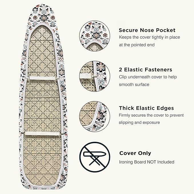 UniSimp Ironing Board Cover and Pad 15"x54" Extra Thick Natural Cotton, Scorch and Stain Resistant Padding, Standard Size Iron Board Cover with Fasteners Heavy Duty Elastic Edge, Heatproof Floral