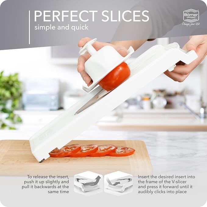 Börner Mandoline Slicer V3 (Basic Set) • V-Slicer for Vegetables & Fruits • Adjustable Kitchen Slicer • 3 Thickness Settings • With Rubber Feet & Stainless Steel V-Blade • Color: White