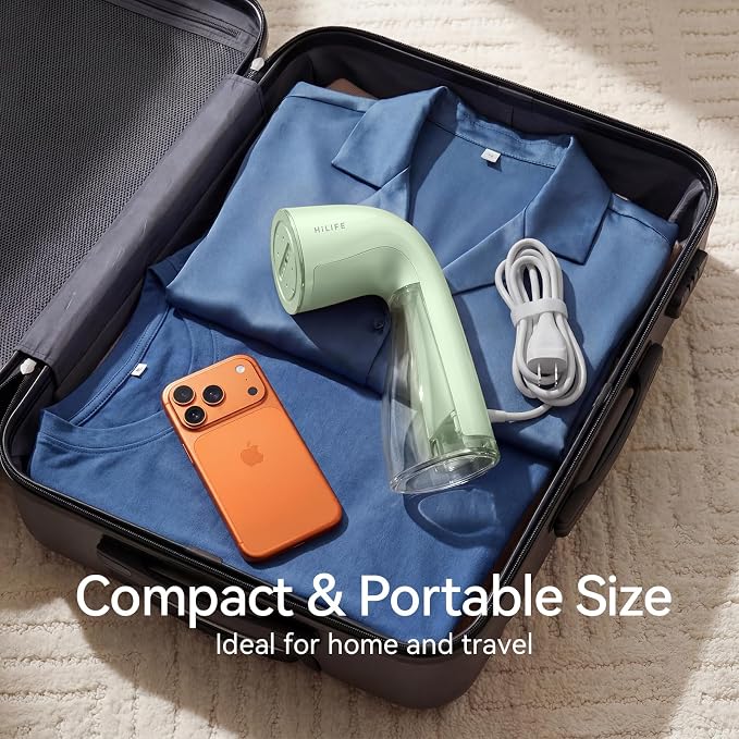 HiLIFE Steamer for Clothes, Portable Handheld Design, 240ml Big Capacity, 700W, Strong Penetrating Steam, Removes Wrinkle, for Home, Office and Travel(ONLY FOR 120V) (Sage Green)