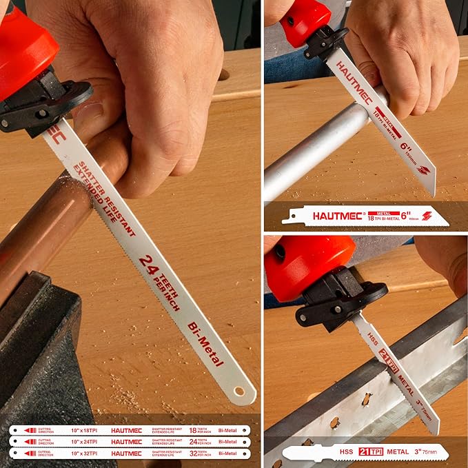 HAUTMEC 10-In-1 Multipurpose Hand Saw for Wood, Metal, Plastic & Drywall, Compact Hacksaw with Tool-Free Blade Change, Self-Locking Handle, Blade Storage Box & 10 Professional Saw Blades – HTHSH25032