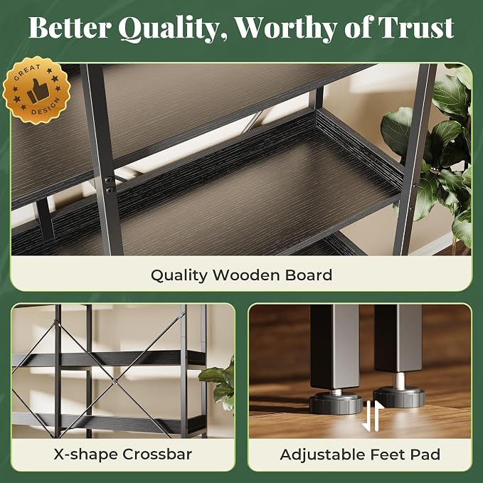 Huuger 5 Tier Bookshelf, Display Bookshelf with 10 Open Shelves and Raised Baffle, 47.2 Inch Straight Wide Bookcase with Metal Frame and Wooden Board, Adjustable Feet, Black