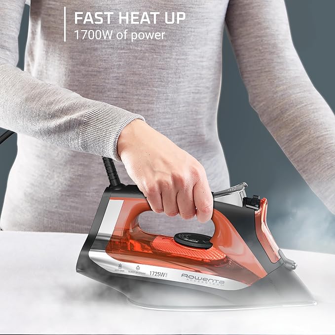 Rowenta Access Steam Iron, Clothes Iron with Steamer, Vertical Steaming, Maximum Steam Distribution, Anti-Drip Protection, Red