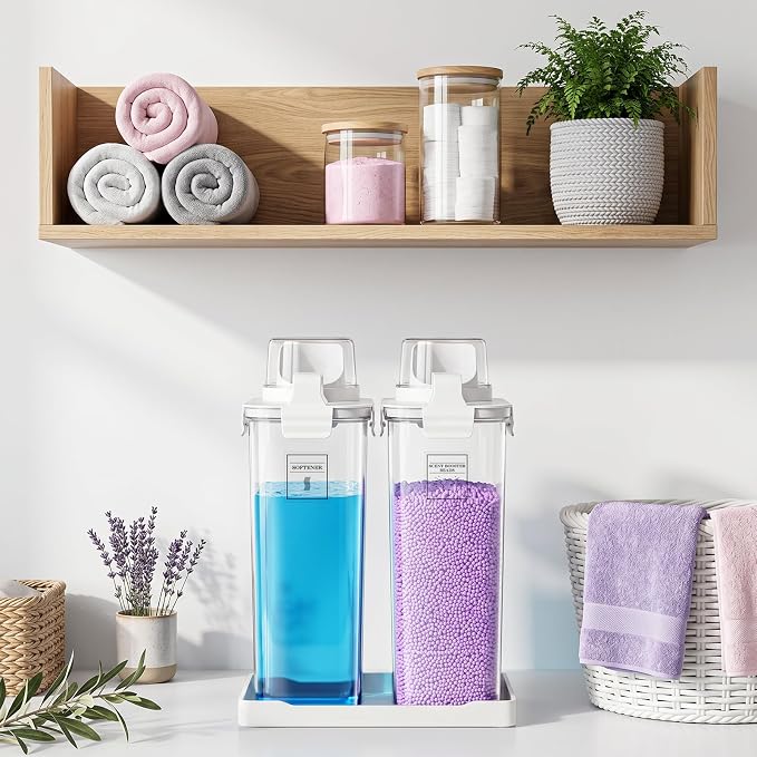 94oz Laundry Detergent Dispenser Container,Soap Dispenser,White Tray,2 Pack | Fabric Softener Dispenser,Liquid Laundry Detergent Organizer for Laundry Room Organization