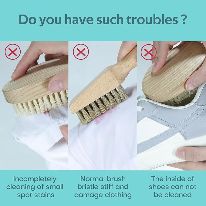 Laundry Stain Brush, Natural Soft Boar Bristles, Removes Tough Stains from Delicate Fabrics Like Knits, Cotton, and Linens, Gentle on Fabrics, No Damage