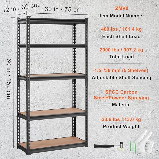 VEVOR Storage Shelves 5-Tier Adjustable 2000 lbs 30"x12"x60" Shelving Unit | Heavy Duty Garage Storage Metal Utility Rack Shelf for Kitchen, Pantry, Basement, Bathroom, Laundry, Living Room, Warehouse