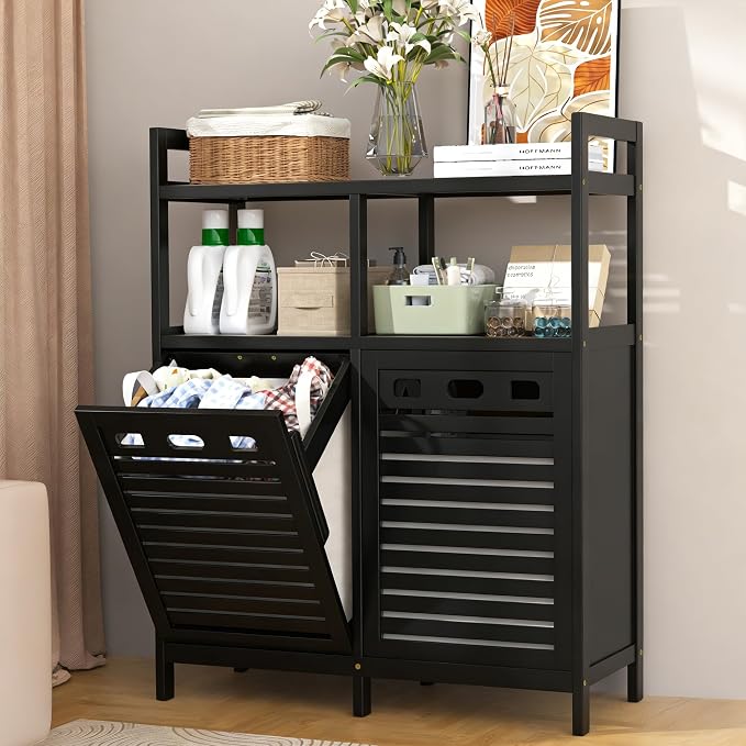 VASMIA Tilt Out Laundry Hamper Cabinet, Bamboo Double Laundry Hamper with 2 Removable Laundry Baskets, 20 Gal Laundry Sorter Organizer with Shelf for Dirty Clothes, Bathroom, Laundry Room, Natural