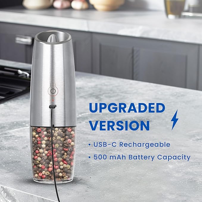 UNNEES Rechargeable Electric Salt and Pepper Grinder set of 2, gravity electric salt and pepper grinder set, Adjustable Roughness, LED Light, 2 Pack, (Silver)