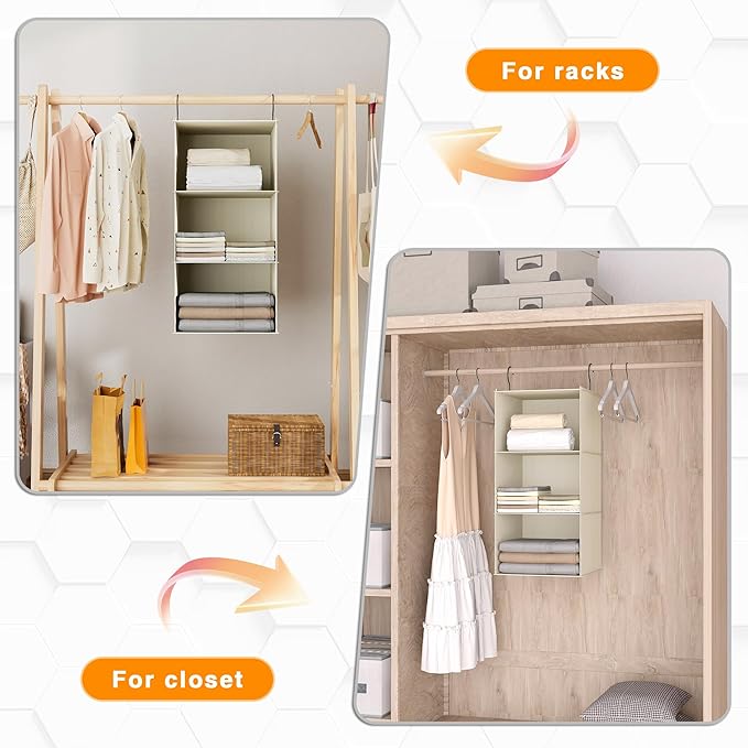 Hanging Closet Organizer 3-Shelf, Oxford Fabric Wardrobe Storage, Beige | Easy-mount foldable design holds clothes, handbags, shoes & accessories; washable Oxford fabric, sturdy and space-saving.