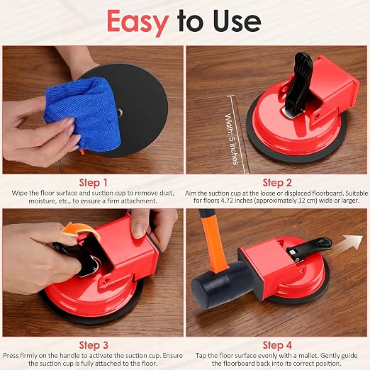 Floor Gap Fixer Tool, Bwaliffury 2026 New Heavy Duty Suction Cup Gap Puller With 10 Reusable Sticky Pads & Rubber Mallet, Floor Gap Fixer For Wood, Laminate, Tile, Vinyl Floor Gap Repair Tools, Red