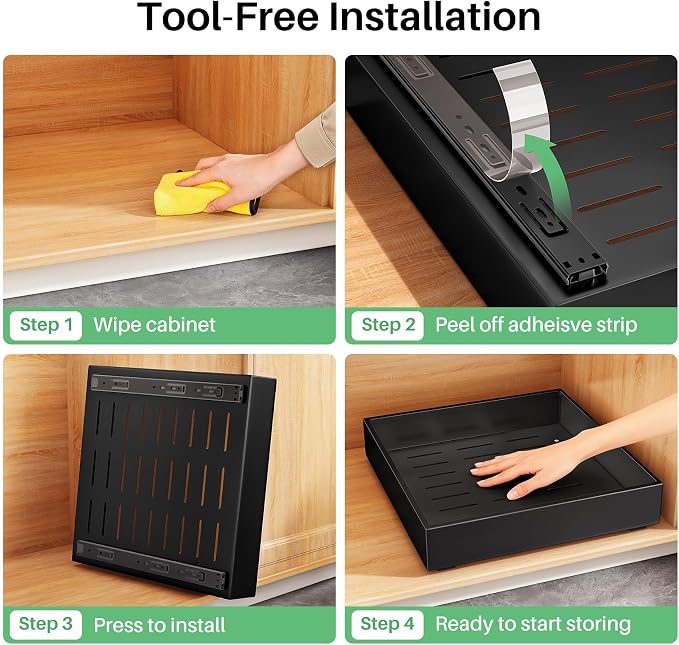 Pull out Cabinet Organizer, 21"Deep, Heavy Duty Full-Extension Slide out Drawers for Kitchen Cabinets with Nano Adhesive, Roll Out Shelf Sliding Cabinet for Pots, Bathroom, Pantry, Under Sink, Black