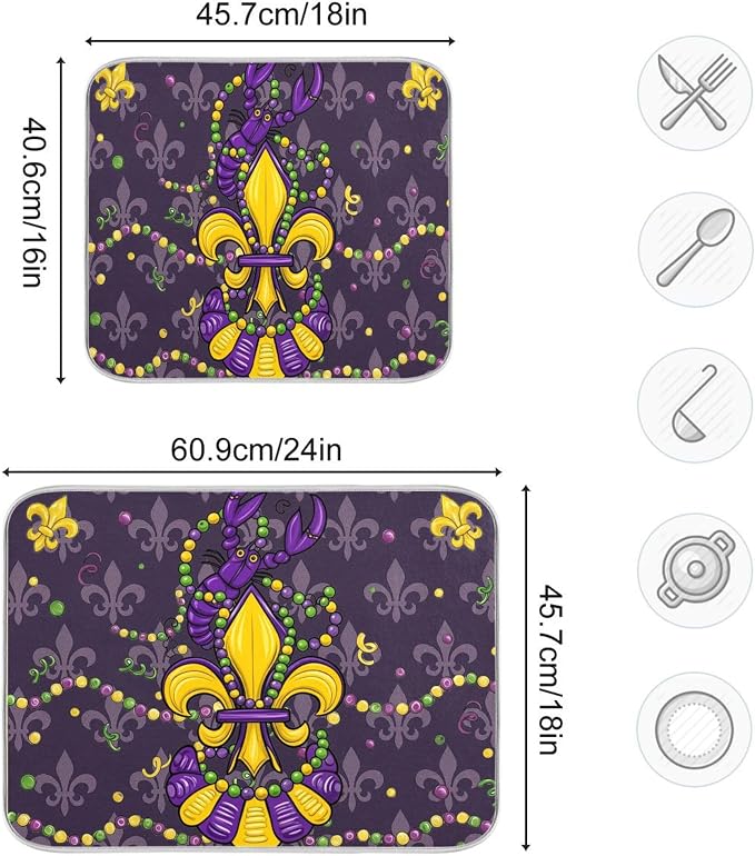 Happy Mardi Gras Purple Dish Drying Mat for Kitchen Countertop 18x24 Fleur de Lis Lobster Large Drying Mat Reusable Quick Dry Dish Sink Mats Easy Clean Decorative Essentials