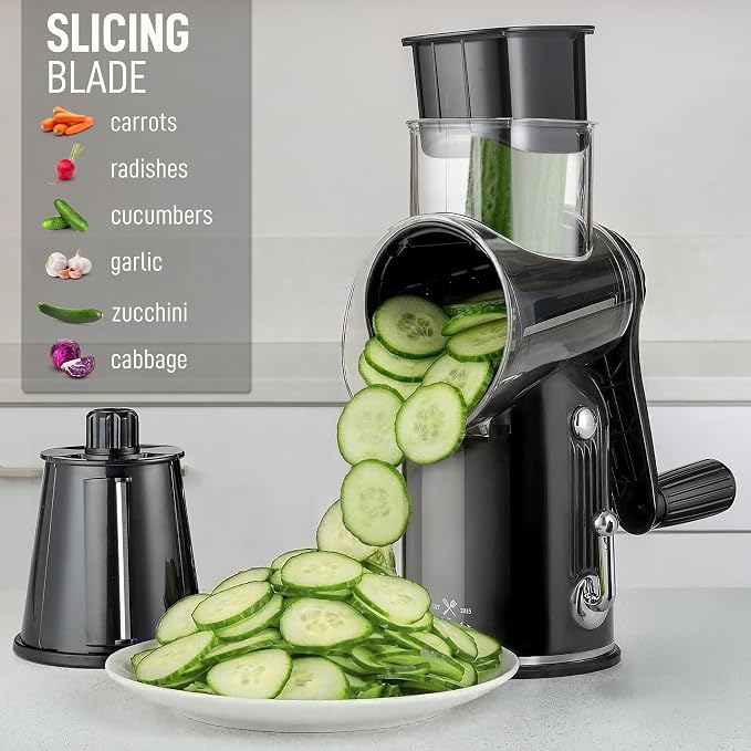 Zulay Kitchen Rotary Cheese Grater 5 Blade Cheese Shredder - Manual Hand Crank Cheese Grater With Reinforced Suction & 5 Interchangeable Drums - Easy to Use, Vegetable Chopper Round Mandoline Slicer
