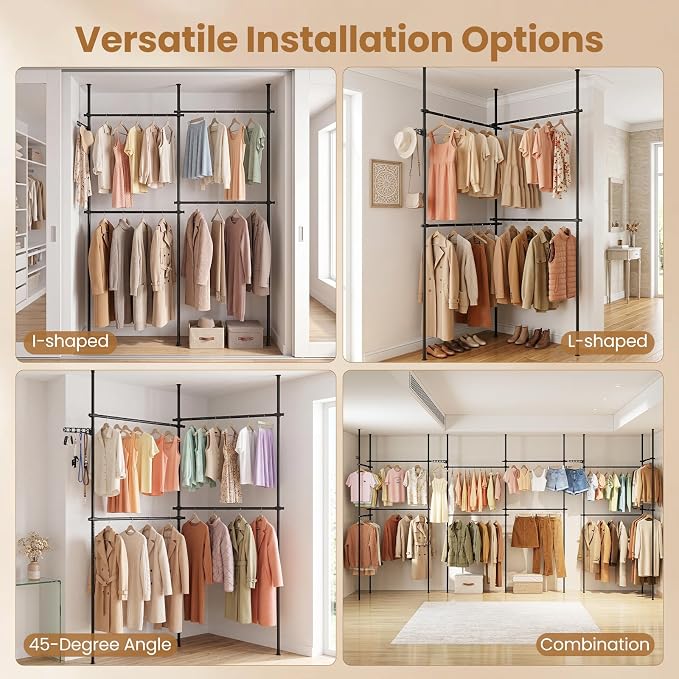 Giantex Floor to Ceiling Clothes Rack, Heavy Duty DIY Garment Rack 4 Rods | Tension Pole Closet System w/ Folding Drying Rack, Reacher Pole, Metal Garment Organizer for Bedroom, Laundry Room, Closet