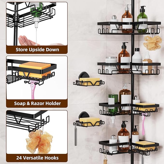 KEGII Shower Caddy Tension Pole, Rustproof Adjustable Corner Shower Organizer with 2 Suction Soap Holder, No-Drill Bathroom Storage Rack, Fits 25–114.2 Inch, Black