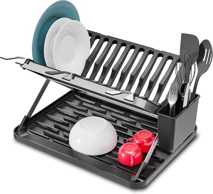 Home Zone Living Dish Drying Rack for Kitchen Counter | X-Shape Foldable Design with Drip Tray and Holder for Utensils and Wine Glasses
