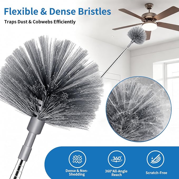 Cobweb Duster with Extension Pole, 90" Spider Web Brush, Grey | Cobweb duster with extension pole & stainless steel telescopic handle. For ceilings, fans & corners. Collapses to 15.7".