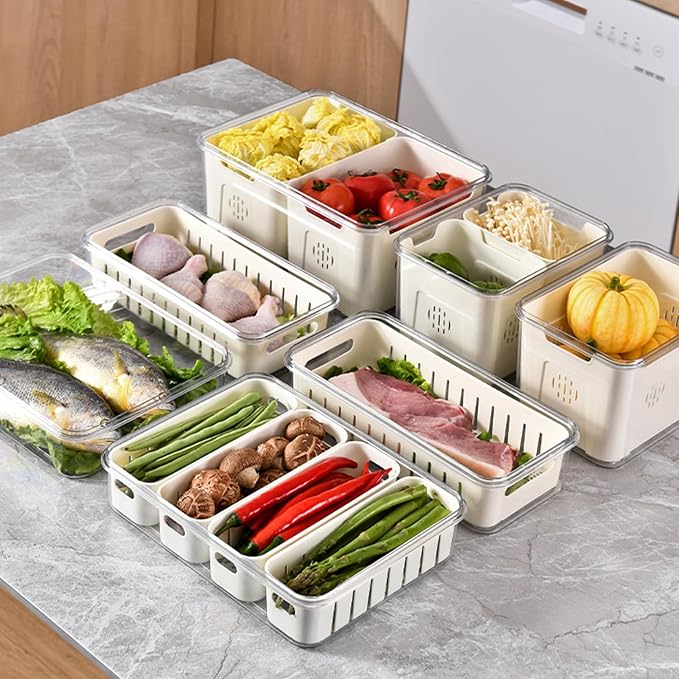 shopwithgreen Salad Bar Containers for Fridge with Lid and Handle, Fruit Storage Containers with 4 Removable Colanders, Berry Box Fresh Produce Saver for Fruit, Veggie, Refrigerator, Kitchen, Picnic