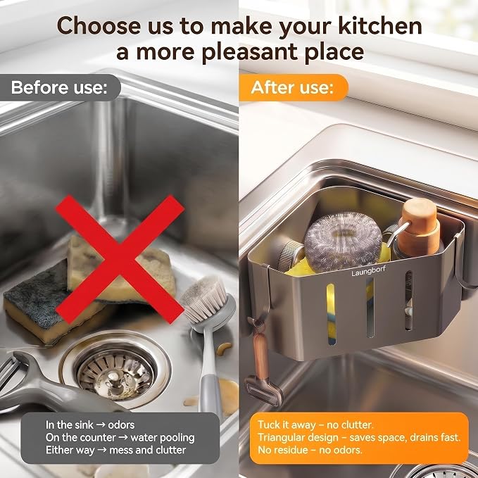 Kitchen Sink Sponge Holder – Adhesive No-Drill Caddy – Laungborf – Rustproof Carbon Steel, Fast Drainage Holes, 2 Stainless Hooks & 4 Pads – Triangle for Corner Sink(Gray)