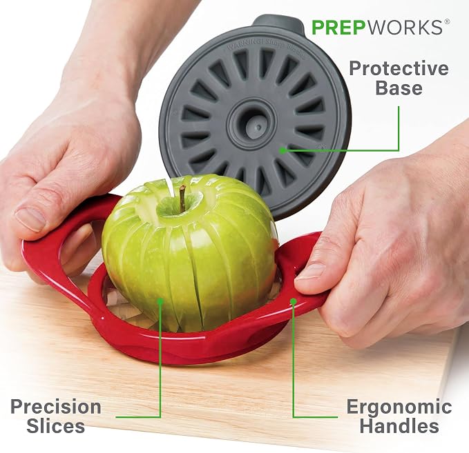 PrepWorks Apple Slicer and Corer, Attached Safety Cover, Cuts 16 Thin Apple Slices, Red