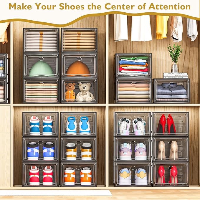 7 code Large Clear Shoe Boxes Organizer【Thicker Material】 Stronger Shoe Box with Magnetic Door, Stackable Shoe Storage Box for Closet, Foldable Space-Saving Storage Bins Shoe Cabinet, Black 9-Pack | Foldable Shoe Storage Boxes for Sneakers & Boots, Spa...