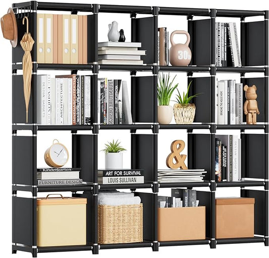 Mavivegue Bookshelf,16 Cube Storage Organizer,Book Shelf Organizer,Tall Bookcase,Black Cube Shelf Cubbies Closet Storage Shelves for Bedroom,Living Room,Home,Office, 16-Grid