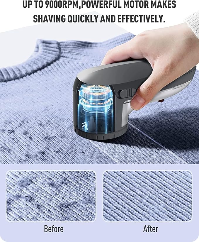 Ruidla Fabric Shaver Defuzzer, Electric Lint Remover, Rechargeable Sweater Shaver with Stainless Steel 3-Leaf Blades, Dual Protection, Removable Bin, Easy Remove Fuzz, Lint, Pills, Bobbles | Electric Sweater Shaver with Replaceable Stainless Steel 3-Le...