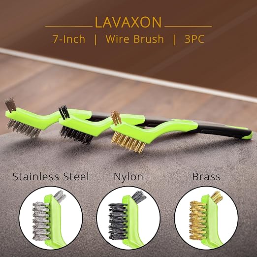 Wire Brush Set 3Pcs - Nylon/Brass/Stainless Steel Bristles with Curved Handle Grip for Rust, Dirt & Paint Scrubbing with Deep Cleaning – 7 Inches (Green)