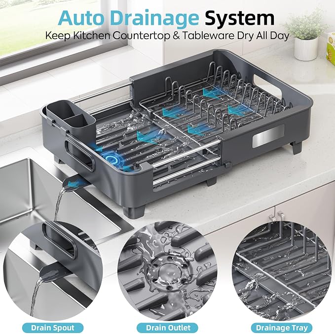 TOOLF Expandable Dish Drying Rack for Kitchen Counter, Gray | Extendable 12.8in to 20.35in,Stainless Steel & PP,One-Minute Quick Assembly,Cutlery Holder,Portable Carry Handle,Space-Saving