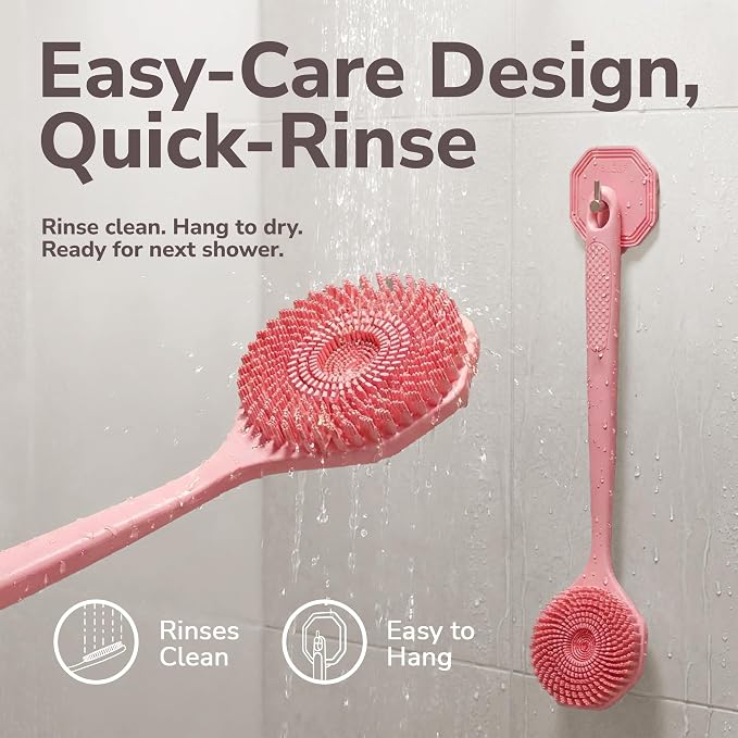 SILKLE Silicone Back Scrubber with Long Handle - Body Brush for Shower, Bath, and Exfoliating - Skin Cleansing, Back Scrub, and Gentle Silicone Sponge - Wash Your Body with Easy Reach - Pink