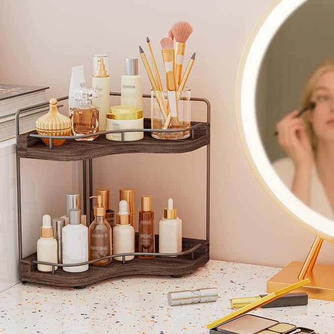 2-Tier Corner Bathroom Counter Organizer, Larger Size | Embedded Screw Holes, Sturdy & Stable, Oversized, Holds More, Vanity Shelf for Makeup & Skincare, Dark Brown