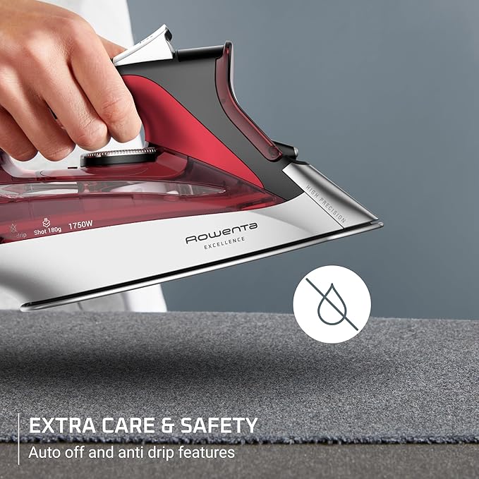 Rowenta Iron, Focus Excellence Stainless Steel Soleplate Steam Iron for Clothes, Retractable Cord, 400+ Microsteam Holes, Powerful steam, LED Display, 1750 W Ironing Clothes, Cordreel, Red DW5433