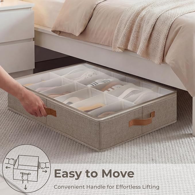 StorageWorks 2-Pack 24-Pair Under bed Shoe Storage Organizer, Taupe | Adjustable Dividers, Holds up to 12 Pairs Each, 5.25" Height, Fits 6-inch+ Clearance, Clear Top, For Closet, Bedroom