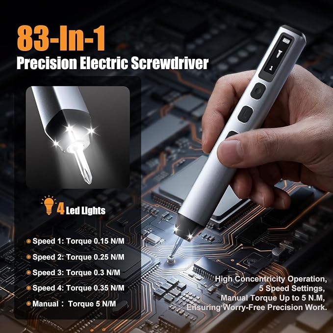 83-In-1 Mini Electric Screwdriver Set Cordless Precision Screwdriver | with 72 Drill Bits/Led Light/5 Torque Settings Multi-Purpose Precision Repair ToolSet for Phone Laptop Switch Camera Watch