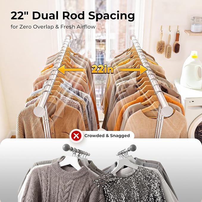HOKEEPER Clothes Rack Heavy Duty Clothing Rack Load 650 LBS Collapsible Garment Rack with Wheels Double Rod Clothes Rack for Hanging Clothes Commercial Portable Closet Rack, 2 Packs 22" D*75" W*68" H