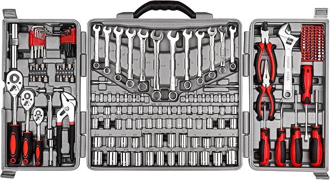 CARTMAN 205-Piece Ratchet Wrench Tool Set, SAE/Metric Socket Kit Carry Case | Professional ratchet wrench and socket assortment for car jobs, mechanics, DIY projects, home fixes, and general maintenance.